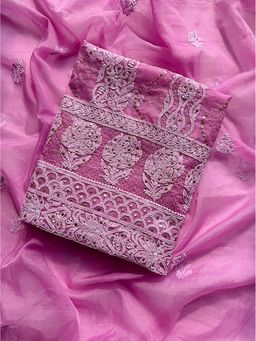 The Chikan Label - Pink Semi Organza Chikankari Unstitched Kurti with Dupatta