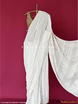 The Chikan Label - Smitakshi White Pure Georgette Chikankari Mukaish Saree with Unstitched Blouse