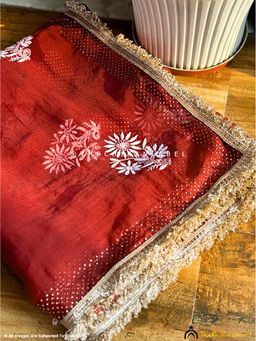 The Chikan Label - Leela Maroon Organza Chikankari Lace Border Saree with Unstitched Blouse