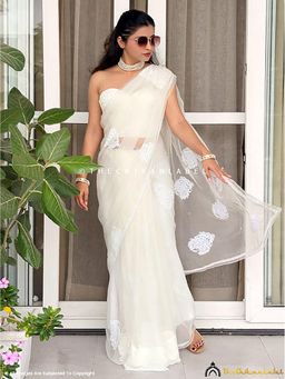 The Chikan Label - White Organza Chikankari Saree With Unstitched Blouse