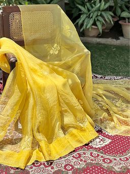 The Chikan Label - Yellow Organza Chikankari Saree With Unstitched Blouse