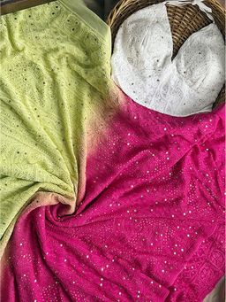 The Chikan Label - Green Ombre Viscose Chikankari Saree With Unstitched Blouse