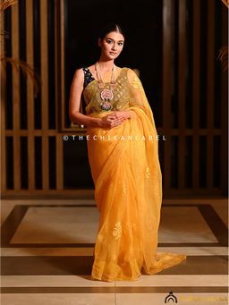 The Chikan Label - Yellow Eesha Organza Chikankari Saree With Unstitched Blouse