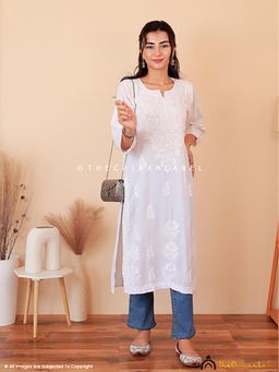 The Chikan Label - White Aarna Rayon Chikankari Straight Kurta