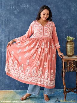The Chikan Label - Modal Chikankari Peach Anarkali