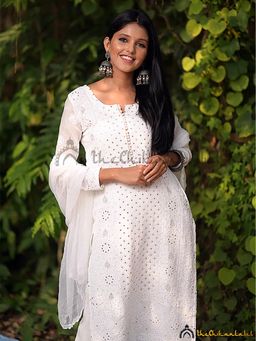 The Chikan Label - White Premium Mukaish Viscose Kurta With Inner