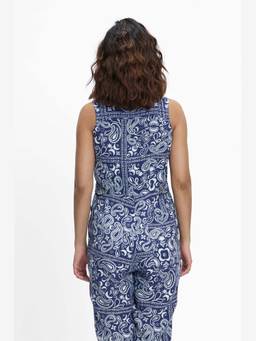 TERRA LUNA - Elara Blue Linen Printed Jumpsuit with Belt