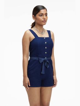 TERRA LUNA - Noa Blue Khadi Solid Playsuit with Belt