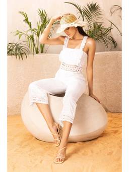SEW - White Schiffli Embroidered Jumpsuit with Belt