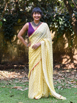 Suta - Yellow Polka Dots Printed Pure Cotton Saree