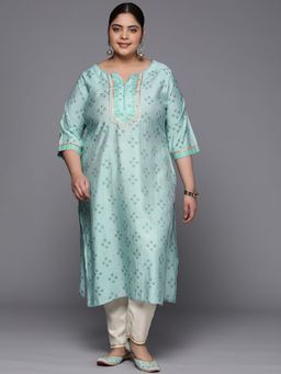 Extra love by Libas - Plus Size Women Blue Yoke Design Silk Straight Kurtas for Women