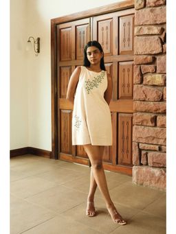 BUDUN - Maya Beige Linen Embroidered Mini Dress