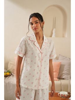 Muvazo - White Pure Cotton Floral Collar Neck Shirt