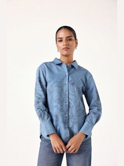 Muvazo - Blue Denim Floral Collar Neck Shirt