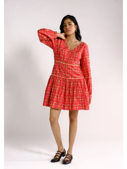 BUDUN - Ruby Red Drop-waist Long Sleeve Mini Dress
