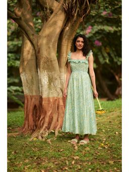 BUDUN - Zinnia Green Floral Printed Ruffled Straps Maxi Flared Dress