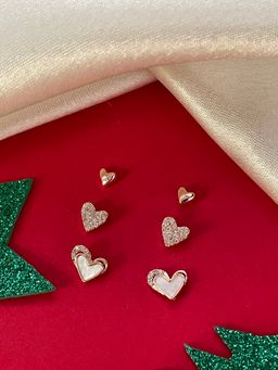 Digital Dress Room - (Set Of 3) Rose Gold-Plated Heart Stud Earrings for Women