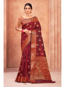 Sangam Prints - Maroon Cotton Silk Woven Zari Work Traditional Saree with Unstitched Blouse