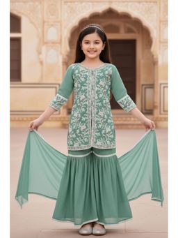 Lagorii - Green Thread Embroidered Kurti with Sharara and Dupatta