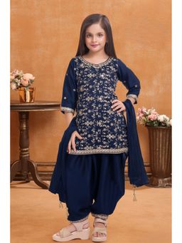 Lagorii - Navy Blue Embroidered Kurti and Salwar with Dupatta