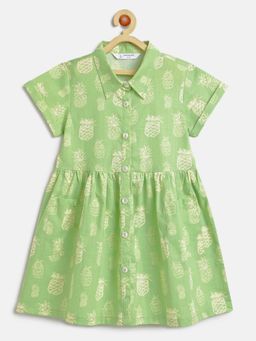 Campana - Girls 100% Cotton Pineapples Print Dress With Pockets - Light Green