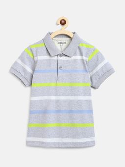 Campana - Boys Pure Cotton Polo Neck Striped Polo T-shirt - Grey and Multicolour