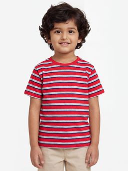 Campana - Boys Pure Cotton Round Neck Striped T-shirt- Red