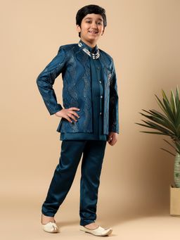 BT DEZINES - Teal Embroidered Sherwani and Trouser with Jacket and Necklace