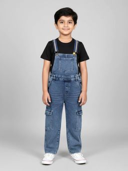 KiddoPanti - Boys Cotton Round Neck T-shirt With Denim Dungaree-Black