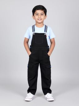 KiddoPanti - Boys Cotton Round Neck T-shirt With Denim Dungaree-Blue
