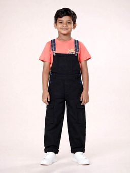 KiddoPanti - Boys Cotton Round Neck T-shirt With Denim Dungaree-Coral