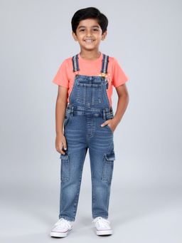 KiddoPanti - Boys Cotton Round Neck T-shirt With Denim Dungaree-Pink