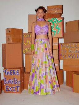 Nirmooha - Lilac Hand Embroidered Sequins Bralette with Printed Lehenga & Dupatta (Set of 3)