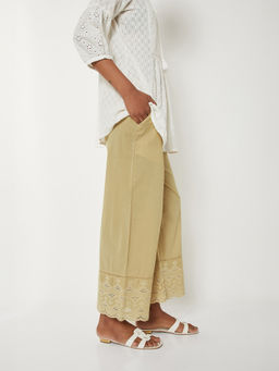 max - Women Khaki Embroidered Palazzo with Scalloped Hem