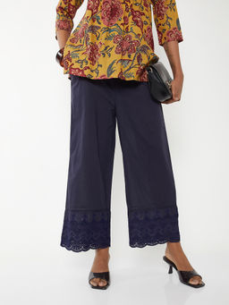 max - Women Navy Blue Embroidered Palazzo with Scalloped Hem