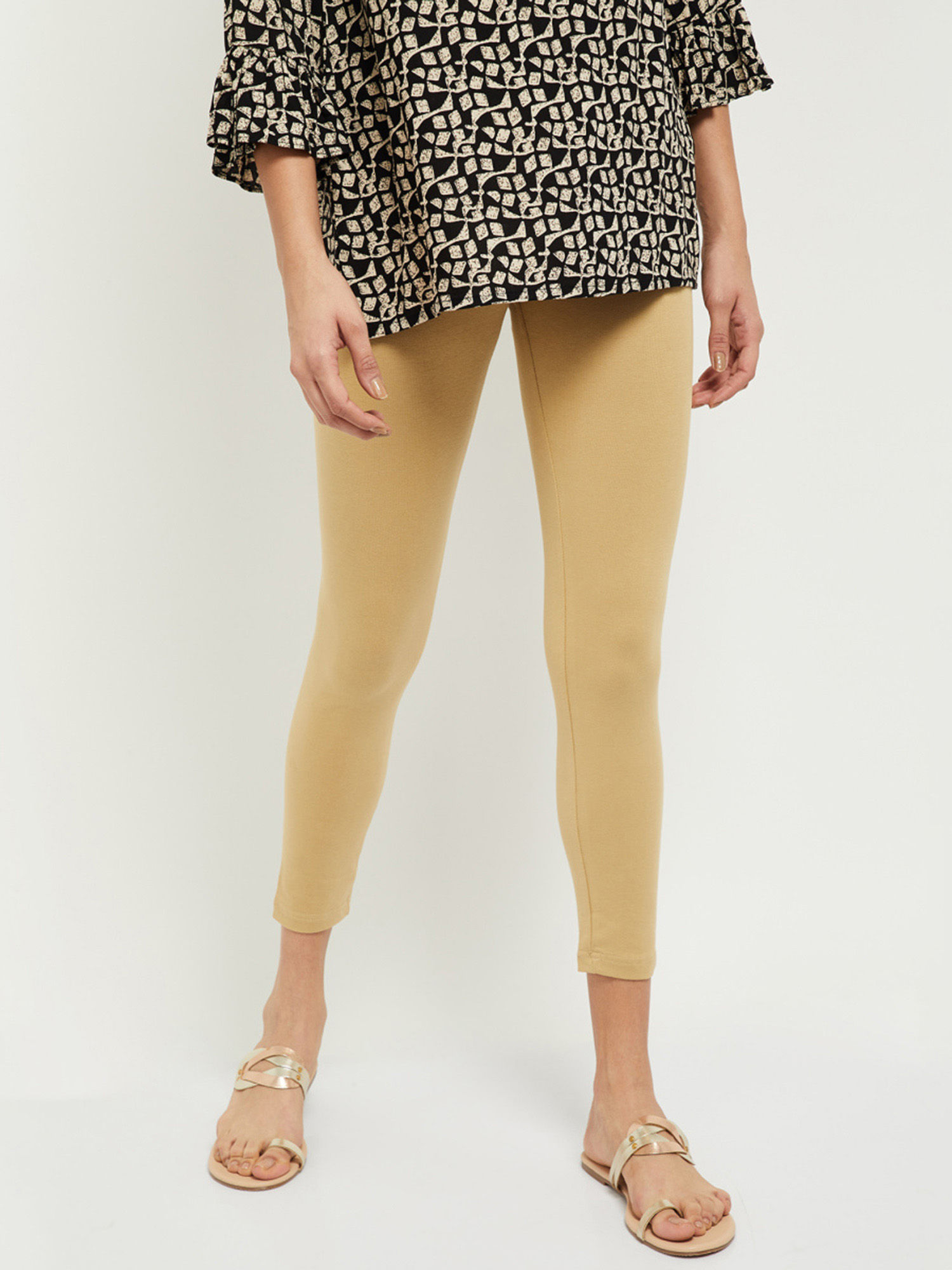 max Women Beige Solid Ankle-Length Leggings-picture-31