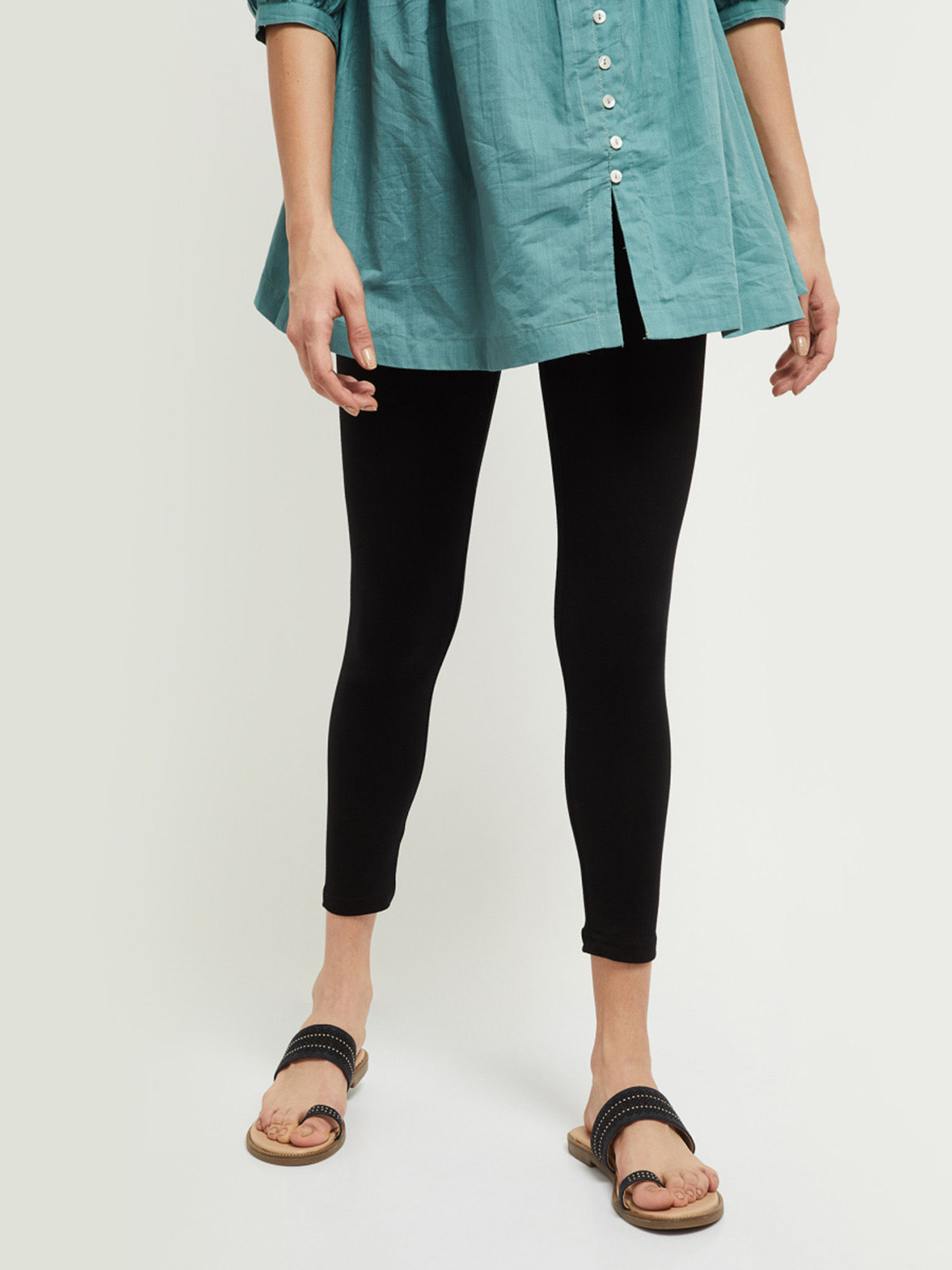 max Women Black Solid Ankle-Length Leggings-picture-15