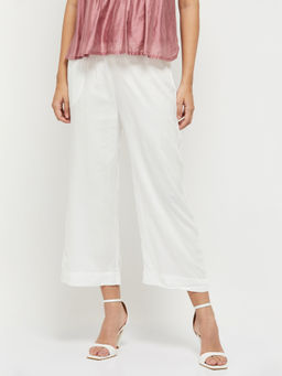 max - Women White Solid Drawstring Straight Pant