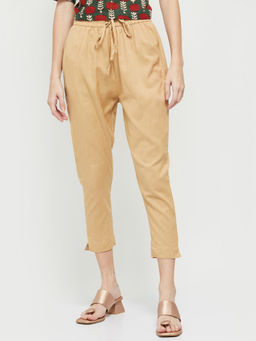 max - Women Beige Solid Drawstring Straight Pant