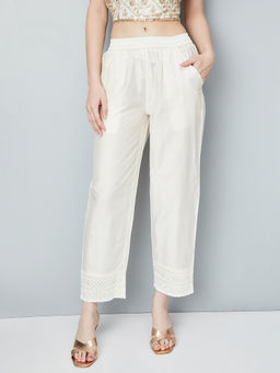 max - Women Off White Embroidered Straight Pant