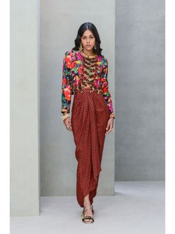 RISHI & VIBHUTI - Zig Zag Crimson Jacket with Skirt (Set of 2)