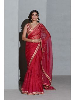 RISHI & VIBHUTI - Crimson Lush Saree with Stitched Blouse and Petticoat (Set of 3)