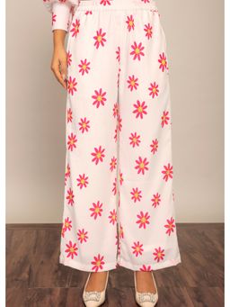 Kaori By Shreya - White And Pink Floral Print Relaxed Palazzo