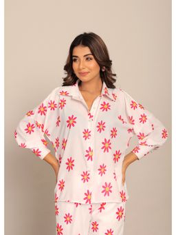 Kaori By Shreya - White & Red Floral Printed Relaxed Shirt