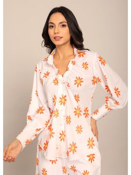 Kaori By Shreya - White And Orange Floral Relaxed Shirt