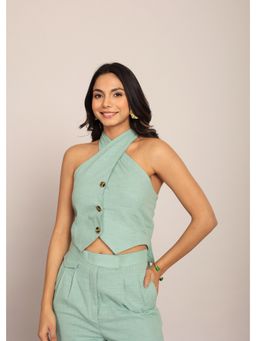 Kaori By Shreya - Mint Green Solid Fitted Front Closer Crop Top