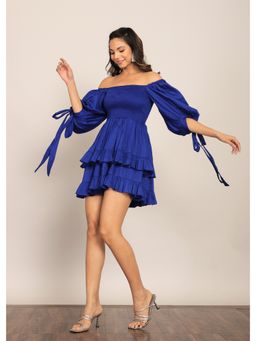 Kaori By Shreya - Blue Solid Skater Bust Fitted Mini Dress