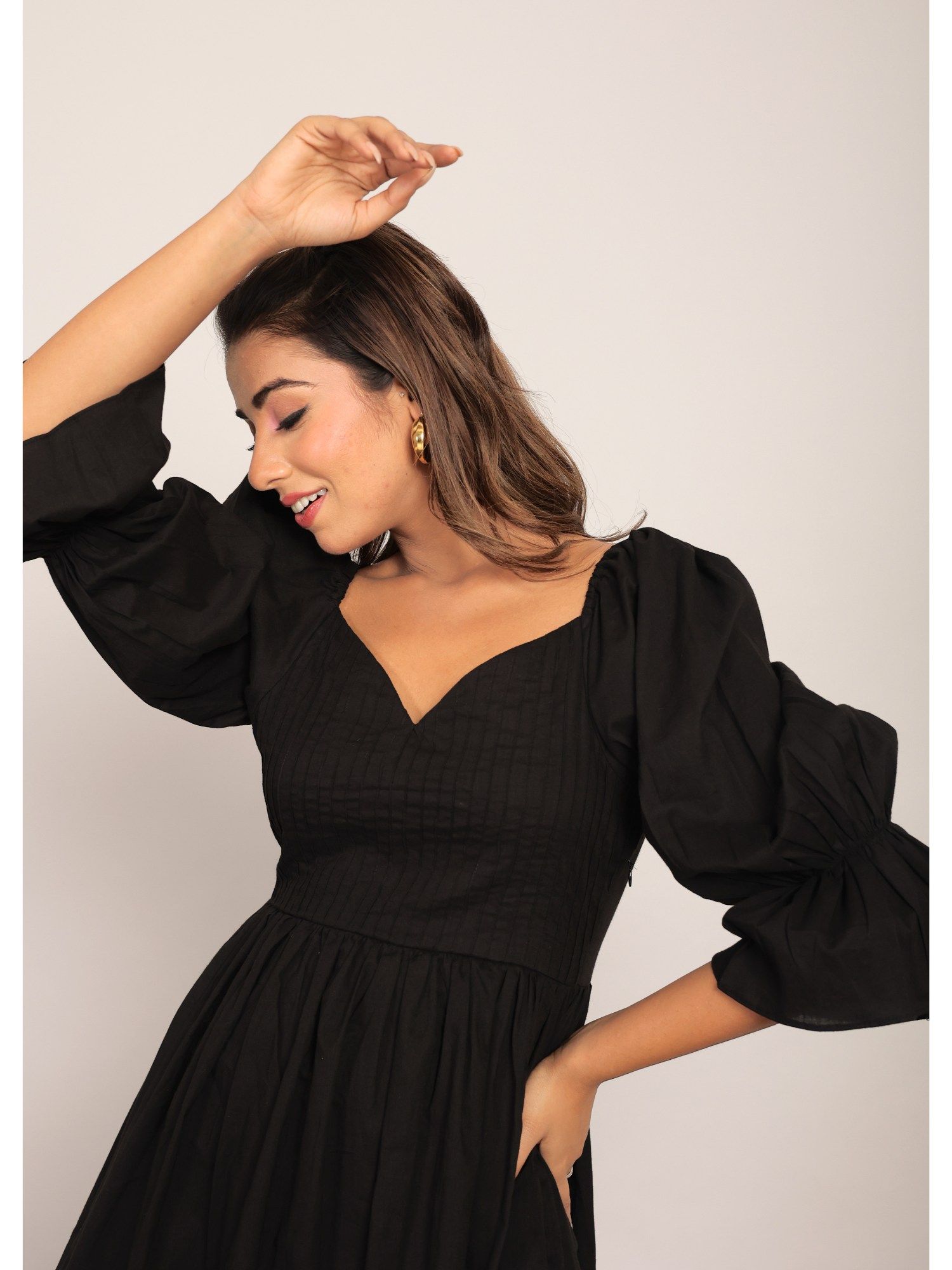 Buy Kaori By Shreya Black Pleated Volume Sleeves Mini Dress Online