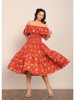Kaori By Shreya - Red Floral Off Sholder Midi Dress