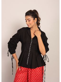 Kaori By Shreya - Black Solid Closer 19 Pearl Button Top
